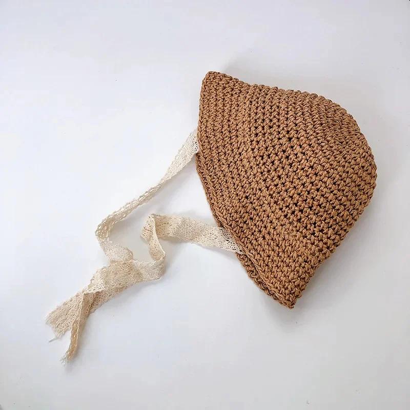 Summer Beach Sun Protection Cap for Kids Women's Straw Woven Fisherman Cap Ins Korean Style Baby Sunshade Pot Cap for 1-3 Years