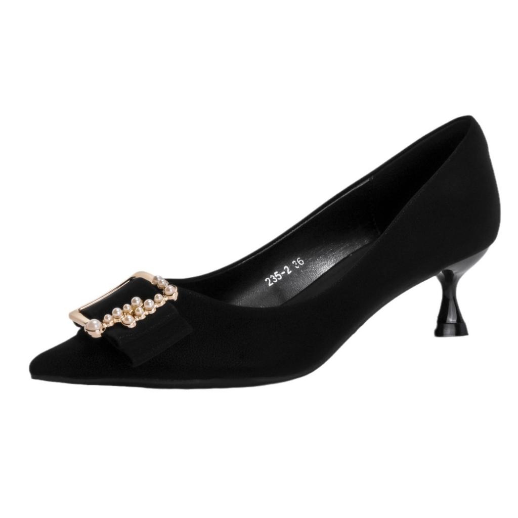 Leather women's shoes summer women's pointed single shoes 2025 spring women's French high heels women's thin heel pearl buckle shoes