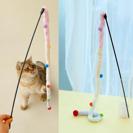Cat Teaser Stick Long Handle Soft Color Plush Ball Bite-resistant Cat Playing Teaser Wand Toy Pet Supplies