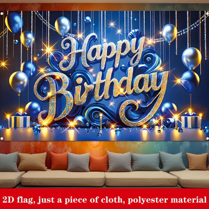 1pc, 2Dflat, Birthday Decorative Banner In Blue and Gold Theme, for Family Birthday Parties and Birthday Celebrations, Wsj