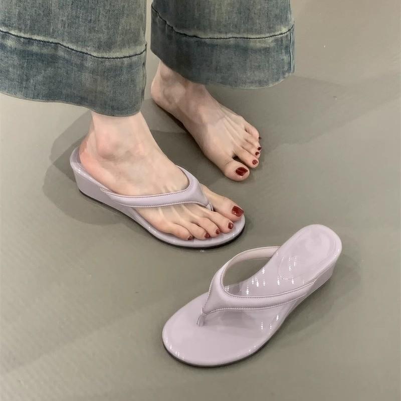 Wedge Heel Flip-flops Women's Outer Wear 2025 Spring New Internet Celebrity Muffin Thick Sole Heightening Casual Sandals