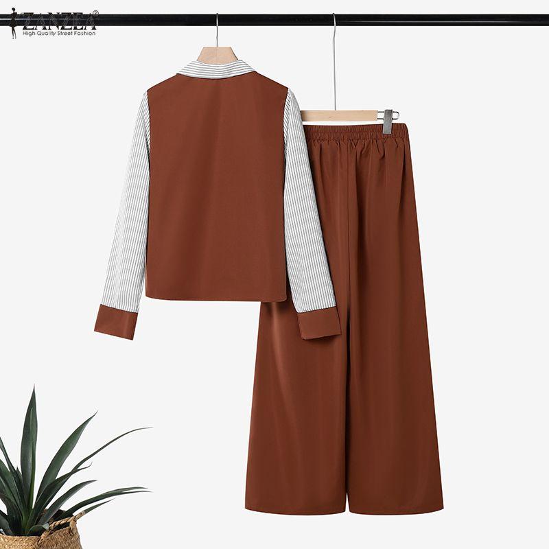 ZANZEA Women Stripe Splice Long Sleeve Blouse And Long Pants Casual Two Piece Suit Sets