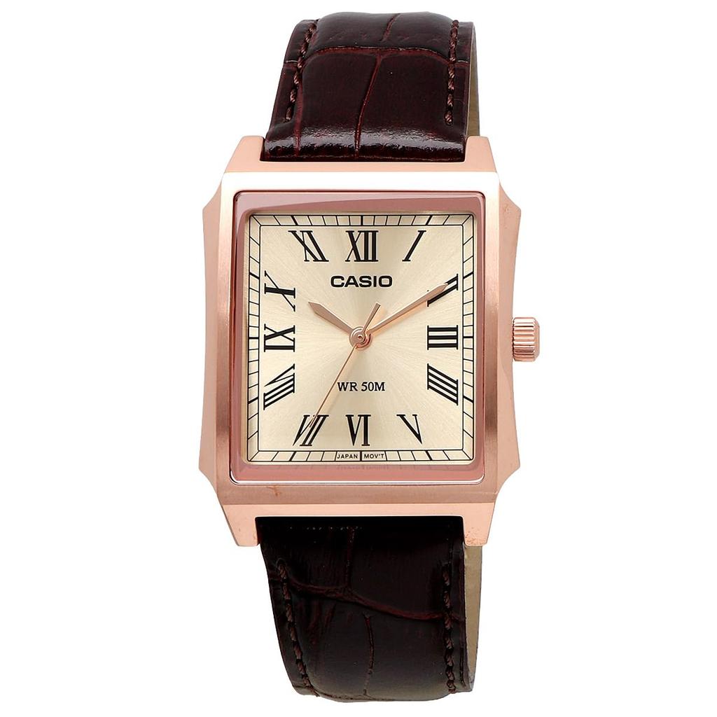 Casio Standard MTP-B190RGL-9BV Men's Analog Watch, Pink Gold, Brown Leather Band