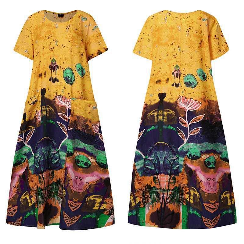 Frauen Frühling Sommer Nationalen Stil Böhmischen Langes Kleid Gerade Oansatz Kurzarm Lose Taille Druck Tasche S-5XL