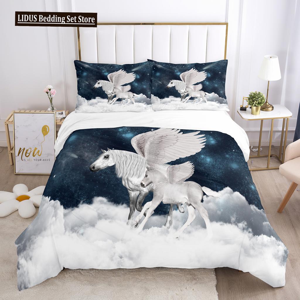 Unicorn Duvet Cover Set White Horse With Wing 3D Print King Size Polyester Comforter Cover For Kids Bedding Set With Pillowcase
