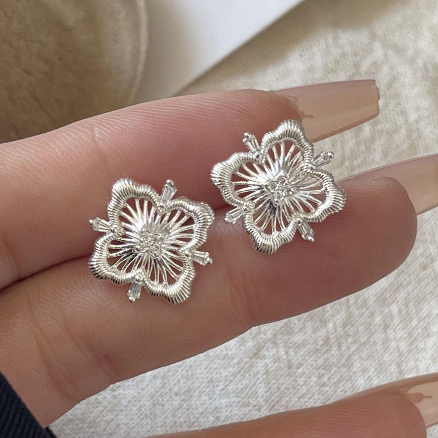 

925 Sterling Silver Vintage Earrings For Women Trendy Square Flower Shape CZ Earring Jewelry Prevent Allergy Party Accessories