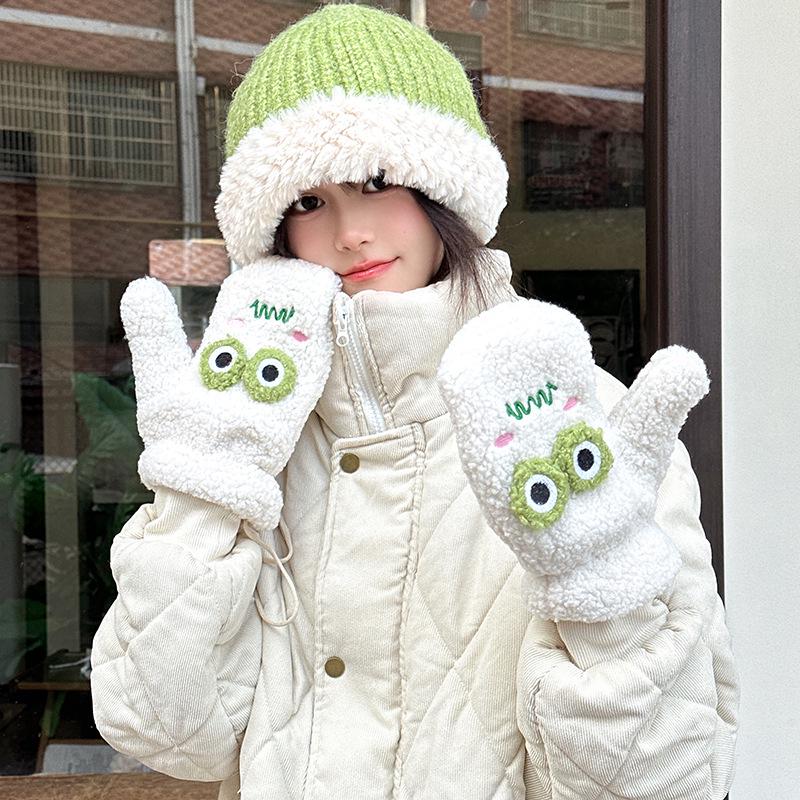 Luochi Knitting Ква-ква Ква-ква Милые Мультяшные Зимние Перчатки на Флисовой Подкладке с Шейным Ремешком для Женщин. белый