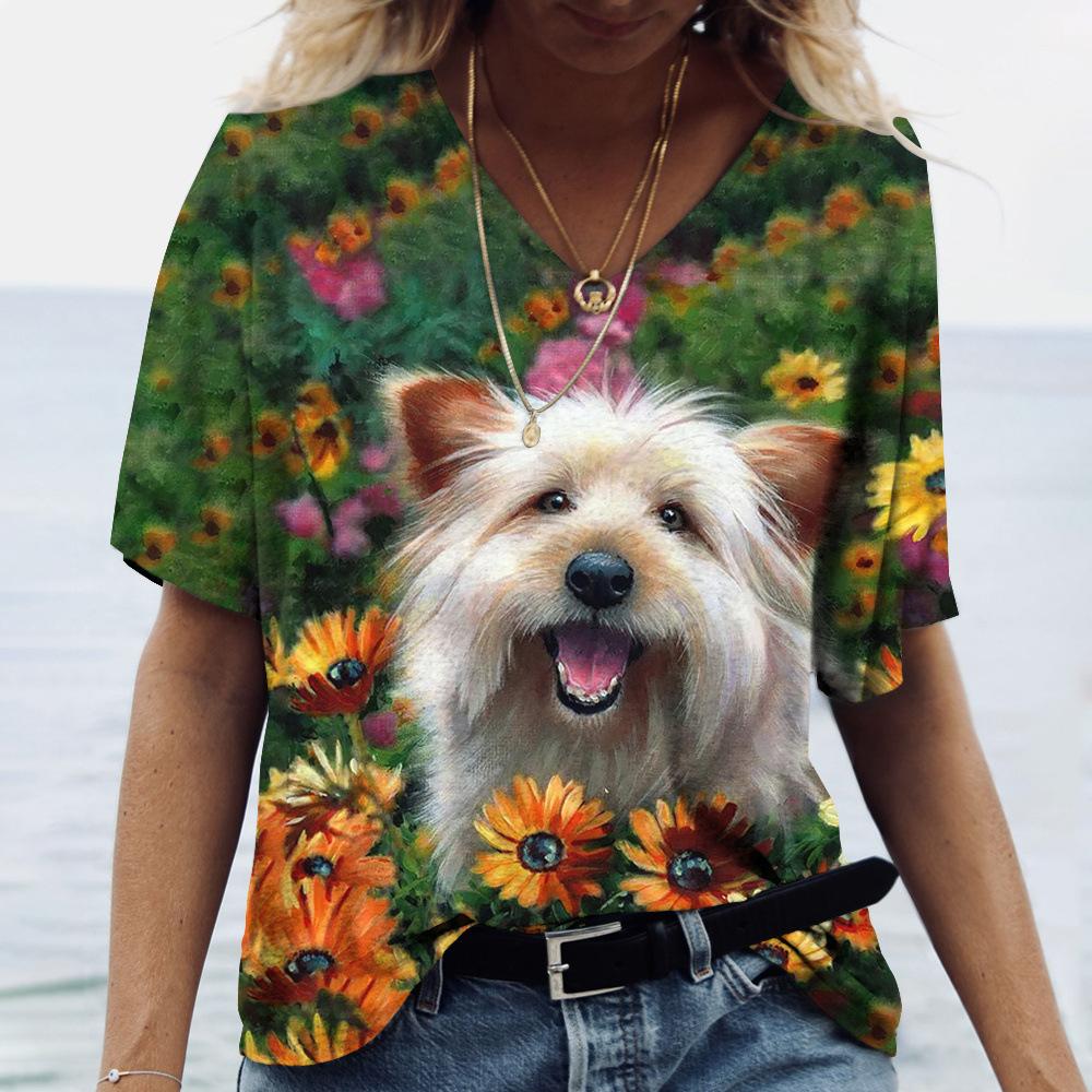 Summer V-neck 3D Dog Printed Top Fashionable Casual Short Sleeved Women's T-shirts