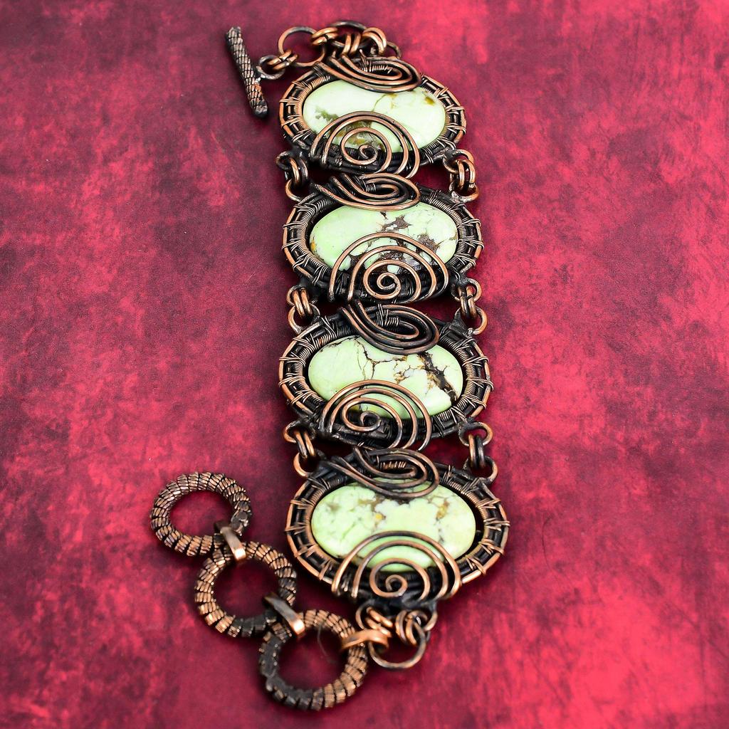 Lemon chrysoprase bracelet copper wire wrapped bracelet adjustable chain bracelet dainty gemstone bracelet copper handmade jewelry for gifts