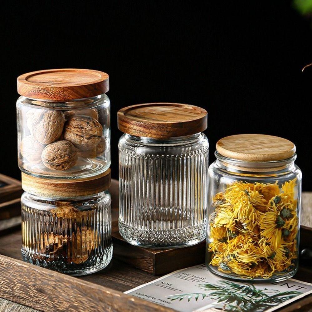 New 1000ML Storage Bottles Jars Embossed Pattern Glass Food Storage Containers with Wooden Lid Begonia Airtight Canister Kitchen