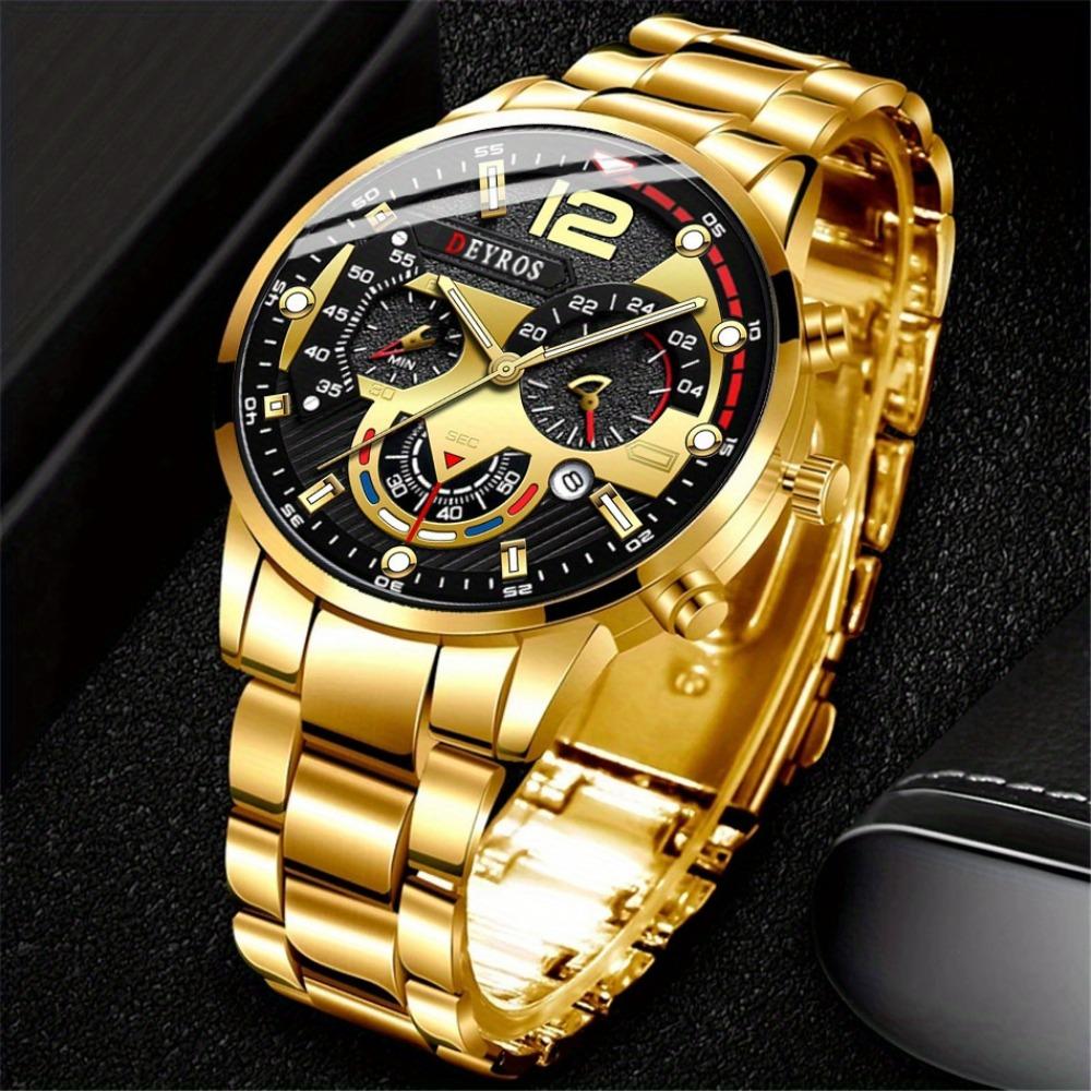 3pcs/set, Fashion Men's Business Watch, Casual Stainless Steel Quartz Wristwatch, Golden Necklace, Bracelet and Wristwatches Set
