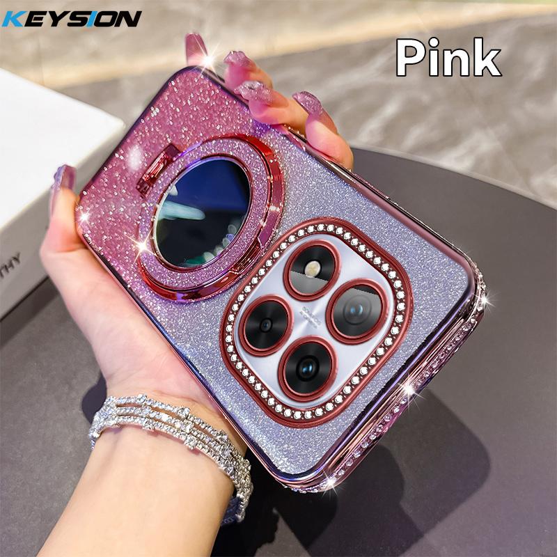 

KEYSION Блестящий магнитный чехол с драгоценными камнями для Redmi Note 14 Pro+ 5G, чехол-подставка с зеркалом для макияжа, противоударный чехол для Xiaomi POCO X7 for Redmi Note 14 Pro 5G розовый