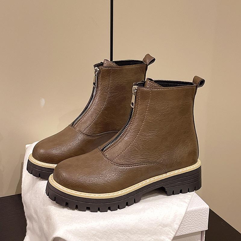 

2025 Ботинки Мартин с круглым носком и боковой молнией Ботинки на толстом каблуке Новые Осенне-зимние Большого размера Женские ботильоны Женские 43 коричневый
