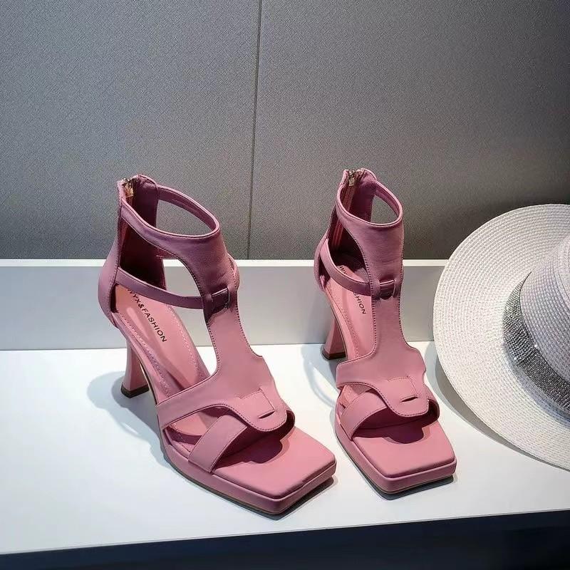 2024 Summer High Heels Women Sandals Square Toe Rome Shoes Sexy Retro Slippers Fashion Open Toe Flip Flops Mujer Slides Pumps