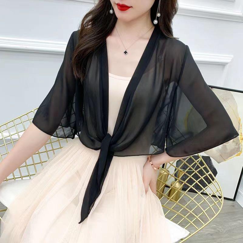 Women's Summer Strappy Dress & Shawl Set with Chiffon Top and Short Cardigan, Lightweight Sun Protection Outerwear