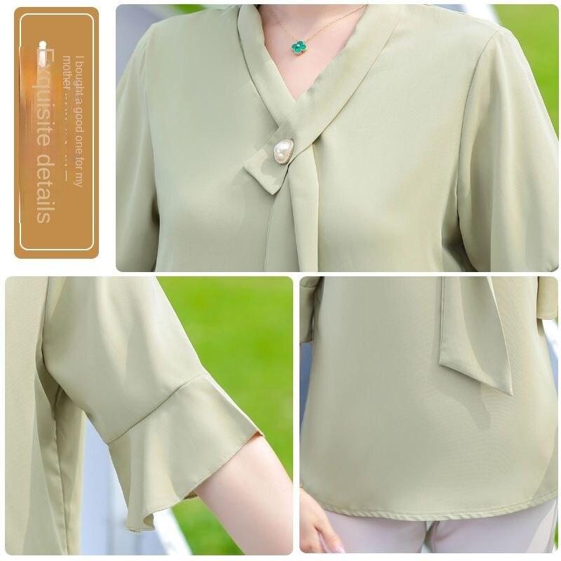 Topuri din șifon de damă Cămașă moale de vară pentru mame Cămașă pulover cu mânecă scurtă Femei de vârstă mijlocie