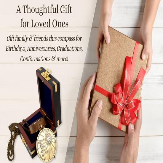 Not All Those Who Wander Are Lost Brass Gift Embossed Compass with Wood Case, Graduation Day Baptism Communion Confirmation Day Motivational Compass