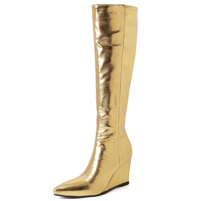 Módní klínové kozačky nad koleno Dámské 2024 Zimní boty Luxusní zip Zlatá Stříbrná Dlouhé kozačky Dámské Klínky Podpatky Společenské boty Dámské