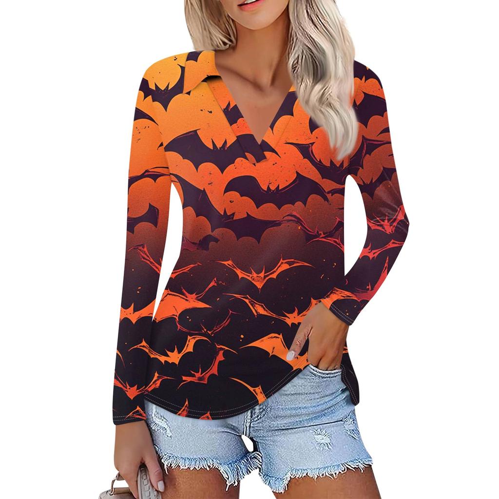 Women's Summer Fashion Casual Printed V-Neck Long Sleeve Shirt Top