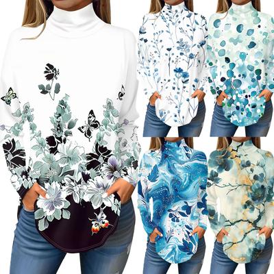 Camiseta de manga larga con cuello alto y estampado informal de moda para mujer