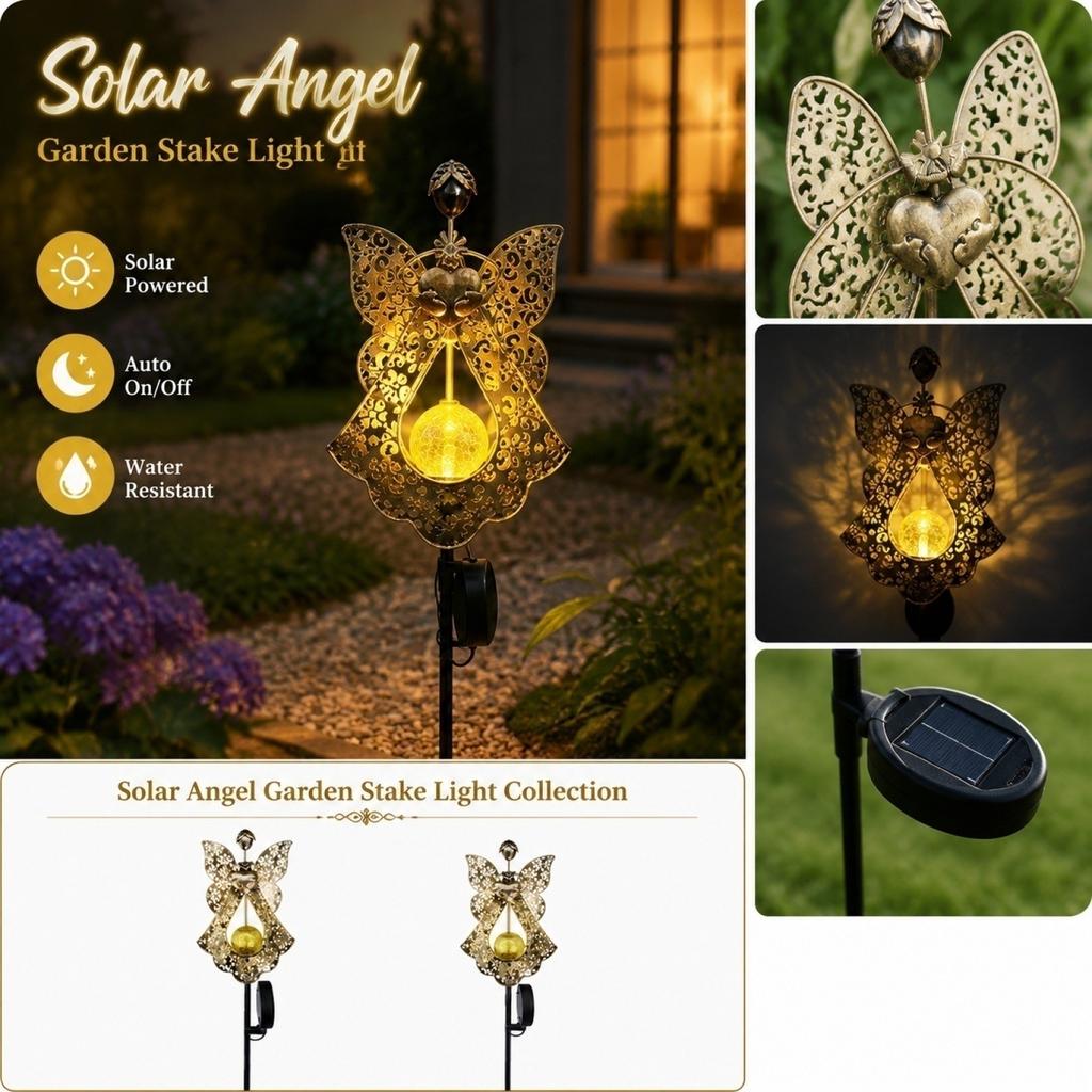 Solar Garden Stake Light Outdoor Decorative Angel Shape Metal Yard Lawn Ornament with Solar Panel and LED Light for Patio Pathway