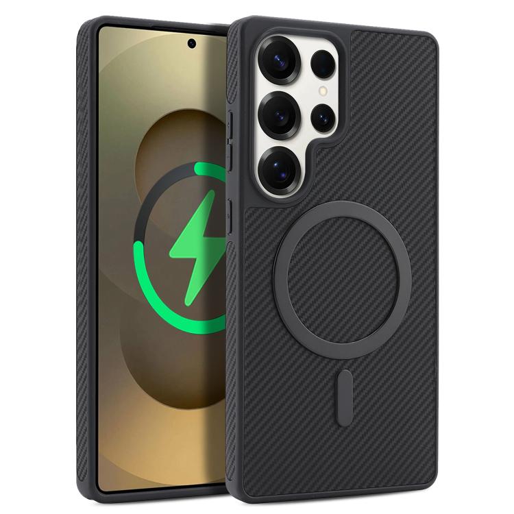 Carbon Fiber MagSafe Phone Case For Galaxy S25 Ultra 5G, Carbon Fiber Leather Magnetic Ring Anti-Drop Lens Protection Protective Cover