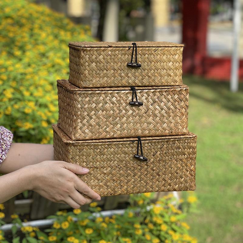 Woven Storage Basket With Lid Rattan Sundries Storage Box Wicker Basket Handmade Sorting Boxes Seagrass Jewelry Organizer