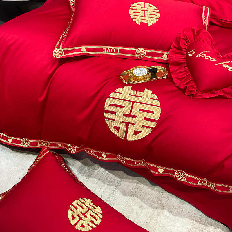 Vierteiliges Set mit Hochzeitsstickerei, rote Hochzeitsbettwäsche, Hochzeitsbettbezug, Bettwäsche, Bettwäsche für das Brautpaar, sechsteiliges Set für das Hochzeitsbett
