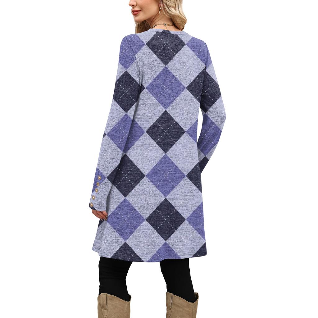 Damenmode Freizeitkleid mit Taschen, dekorativen Knöpfen, Rundhalsausschnitt und langen Ärmeln