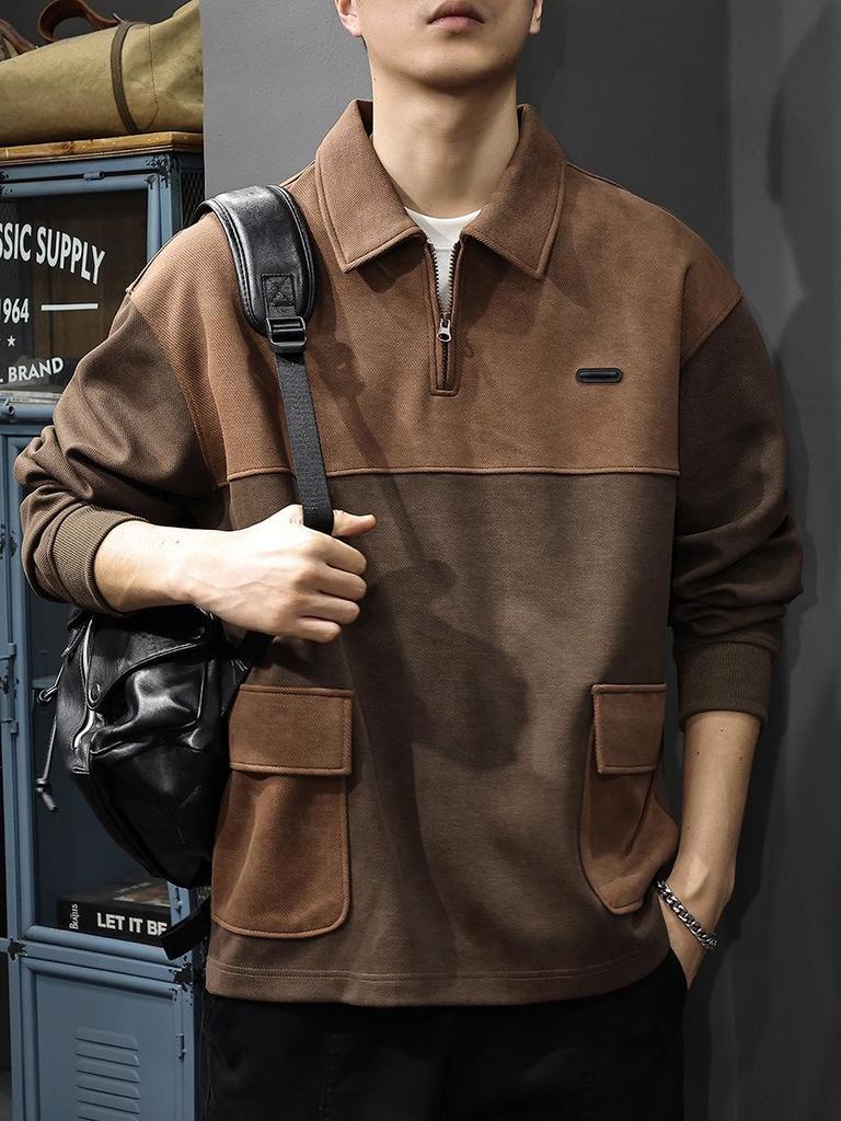 Men's Autumn Retro Lapel Hoodie - Trendy Loose-Fit Casual Knit Top, Long Sleeve Polo Style.