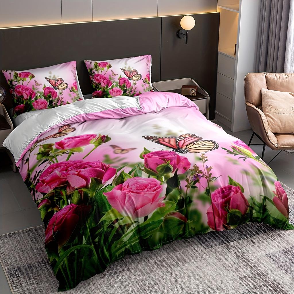 3-Piece Luxurious Pink Rose Butterfly Digital Print Duvet Cover Set - Ultra Soft, Comfortable, and Vibrant Design for Bedroom