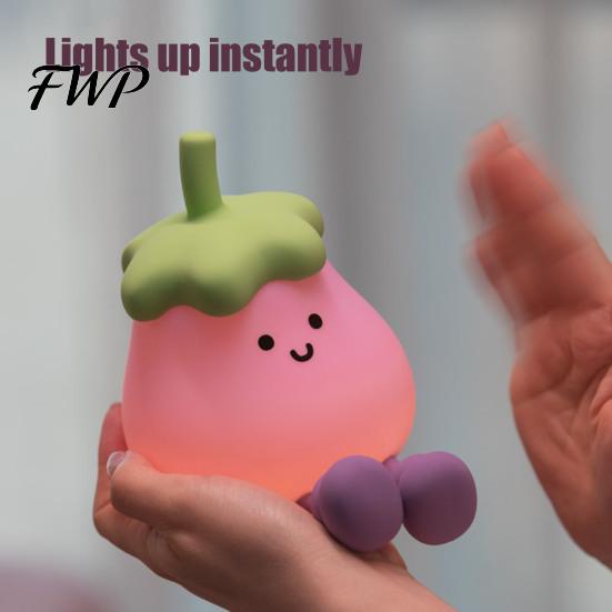 Cute Eggplant Night Light Light, Tap Touch Control Bedside Lamp, 3 Brightness Levels & Kids Bedroom Lighting Auto 30-Min Timer, USB Rechargeable