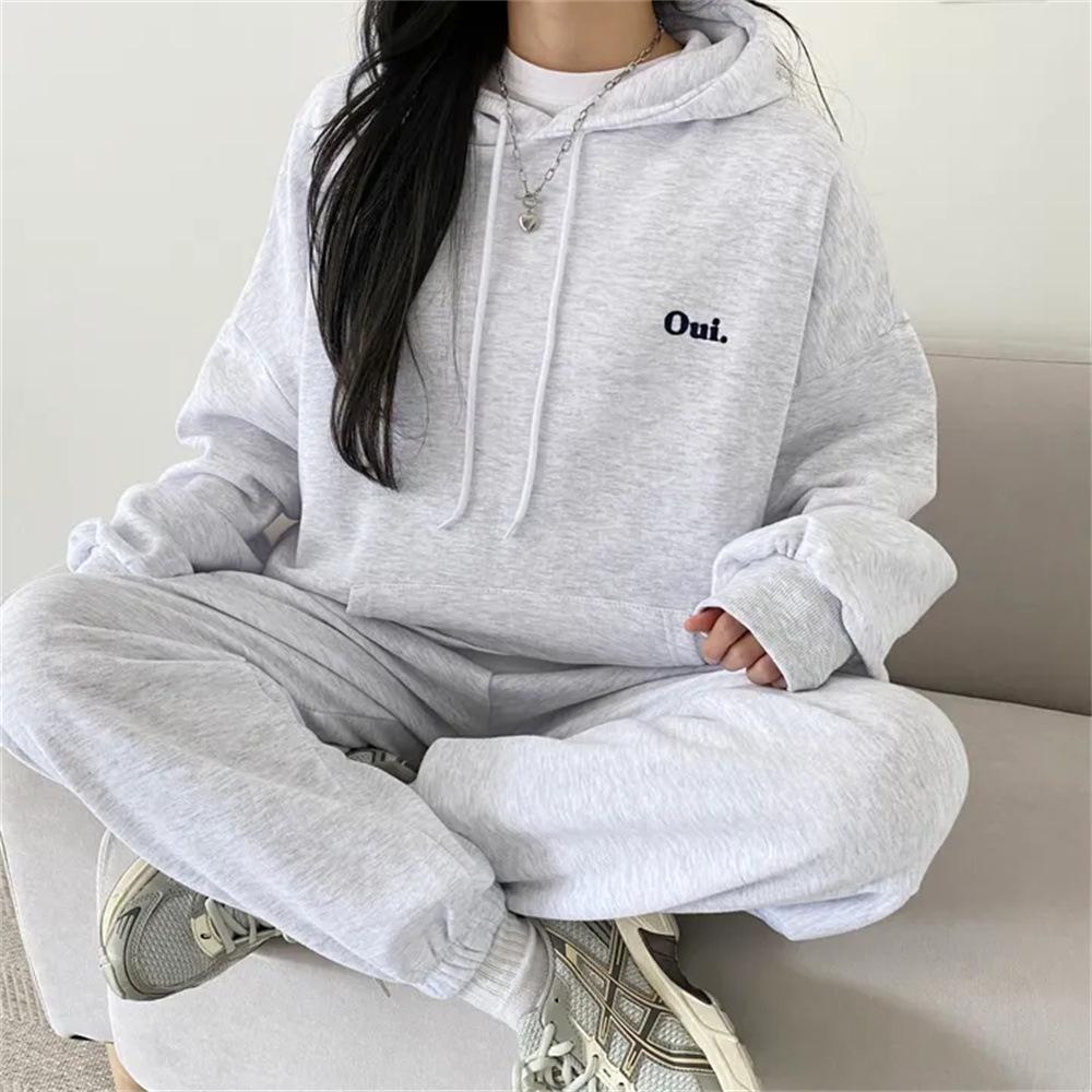 Women's Loose Sportswear Set: Solid Color, Plus Velvet, Korean Fashion, Two-Piece for Spring & Autumn Winter