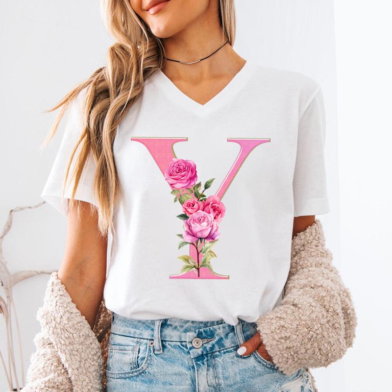 Floral Initials Unisexs Vneck Tshirt Az 26 Alphabet Fashion Casual Tops Pink Flower Short Sleeve Tee Letter S Floral Gift Top