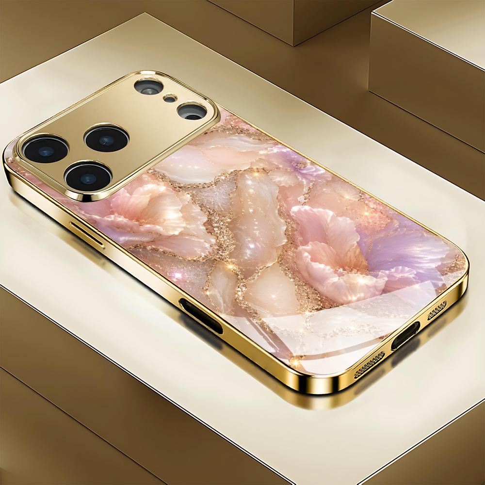 Texture Phone Case Gold Electroplated Tempered Glass For iPhone 16 15 14 13 12 Pro Max Shockproof Silicone Hard Back Cover