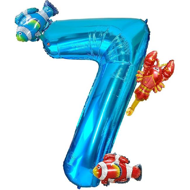 40 Inch Under the Sea Blue Number 1 Balloon, Mini Sea Animal Balloons Ocean Animal Foil Balloon, Fish Crawfish Balloons for Boys Girls Ocean Theme