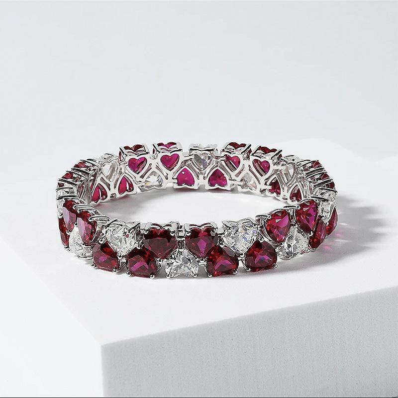 Longlongjin 2024 New Red & White Double Heart Full Diamond Women's Bracelet - Elegant & Fashionable Style