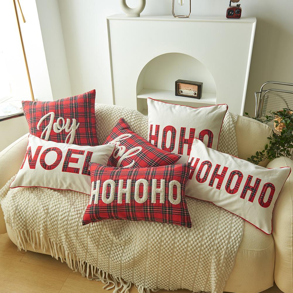 Christmas Plaid Pillowcase with Embroidered Letters