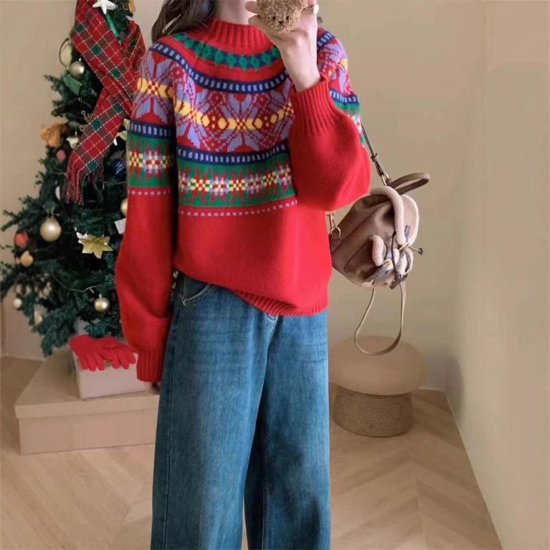 Spring and Autumn New Fair Island Jacquard Pullover Women's Retro Loose Lazy Knitted Sweater Top Trend