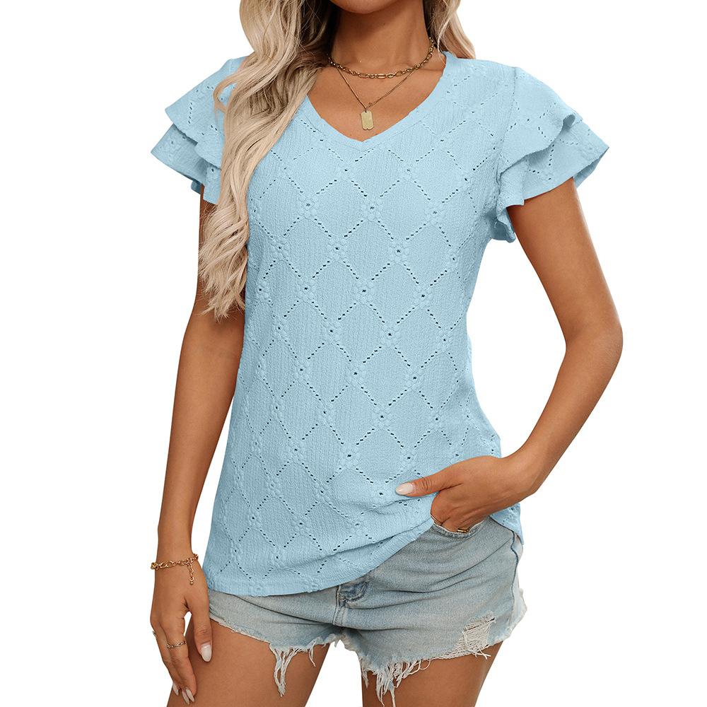 Frisches Sommer Damen Einfarbiges V-Ausschnitt Süßes Kurzarm T-Shirt Ausgehöhltes Top
