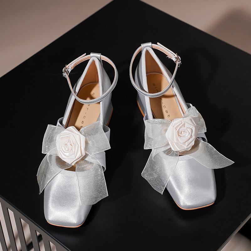 57709 [sheepskin] High Heels Women's Thick Heel New Square Head Word with Mary Jane Shoes Light Mouth Flower Single Shoes