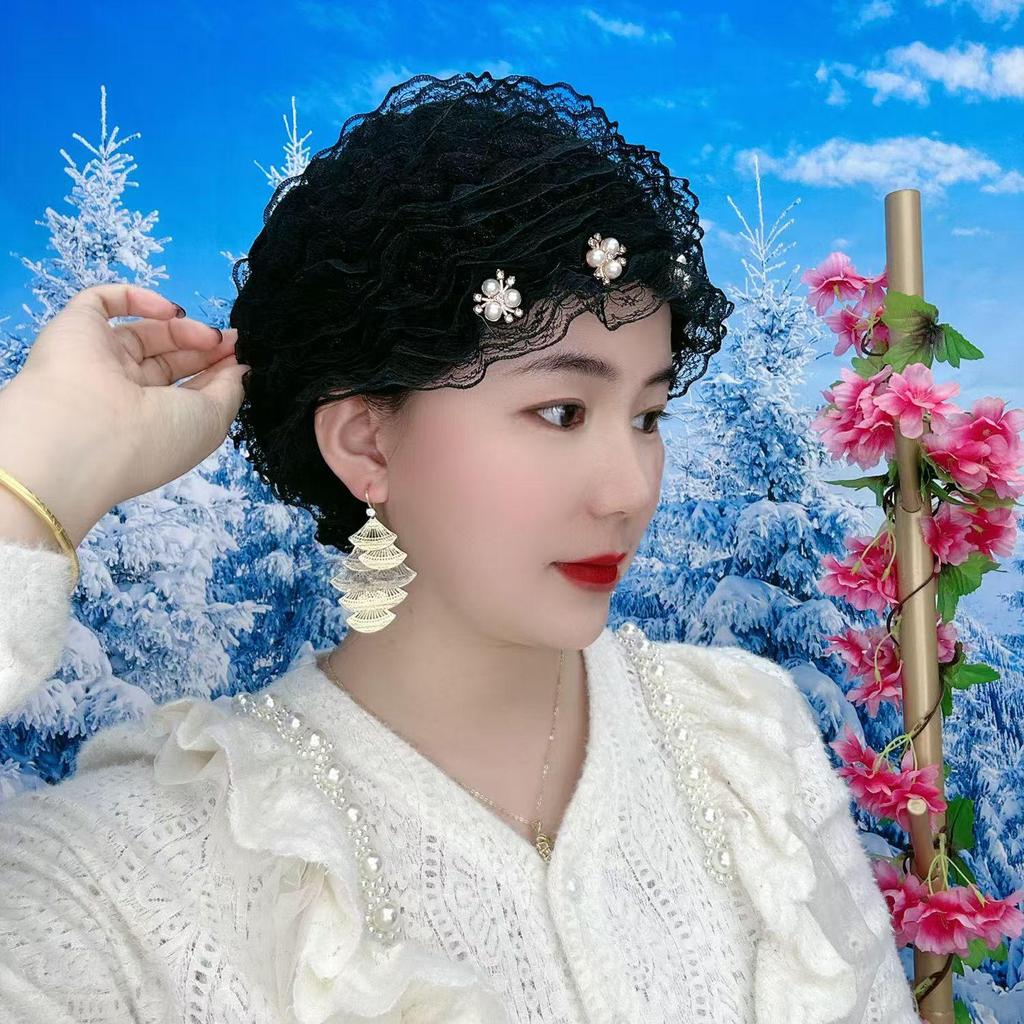 2025 Four Seasons Lace Hat: Windproof White Head Cover with Small Flowers