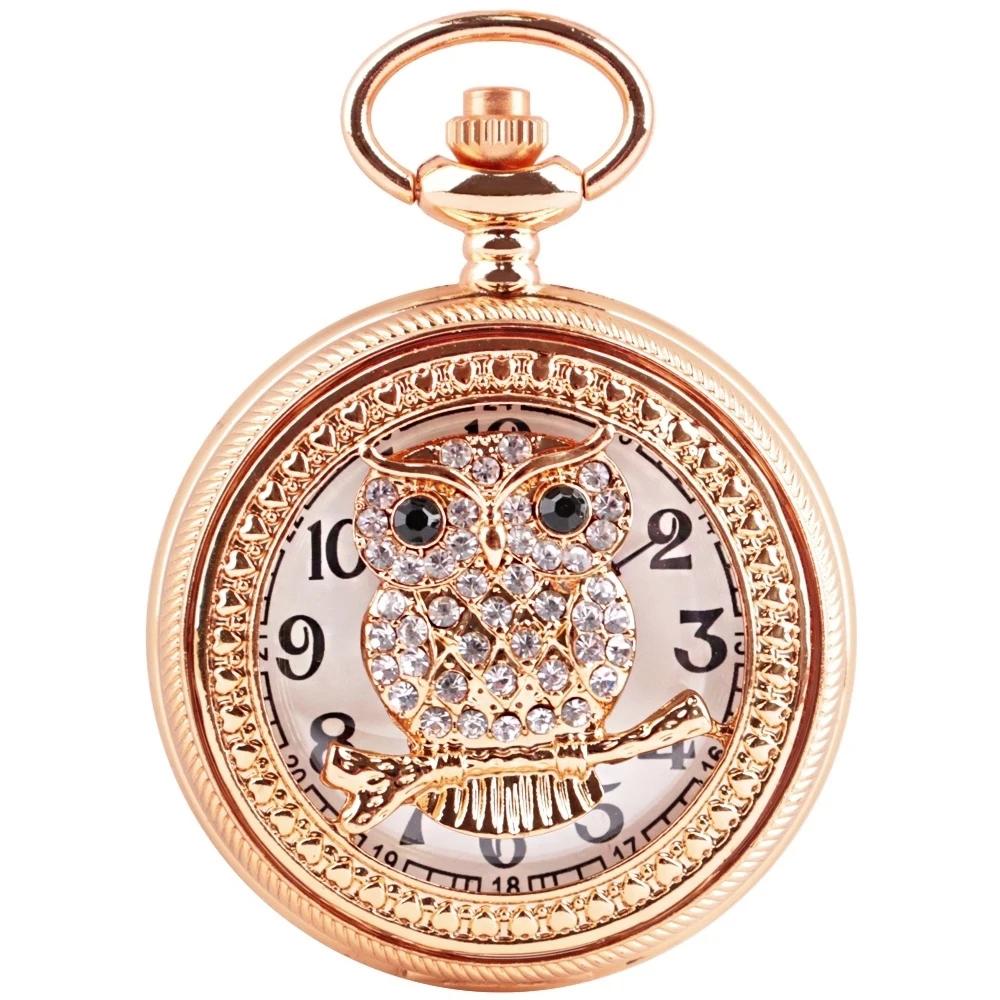 

Gold Arabic Numerals Quartz Pocket Watches Retro Design Hollow Owl Pattern Pocket Watch with Necklace Pendant for Men Women