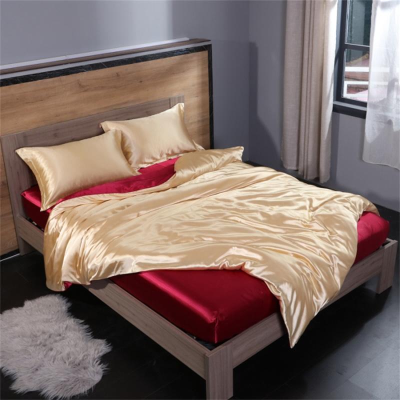 Luxury Mulberry Silk Bedding Set with Duvet Cover Fitted/Flat Bed Sheet Pillowcase Blending Silk Sheet Set Silky Satin Bedsheet
