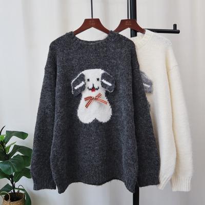 Autumn and Winter New Round Neck Bow Cartoon Puppy Knitted Sweater Top Loose Soft Waxy Sweater Pullover Woman