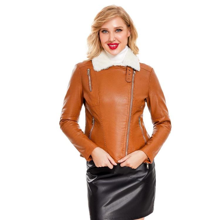 Women Fashion Slim Fit Pu Leather Jacket Long Sleeve Lapel Collar Zipper Fall Winter Coat