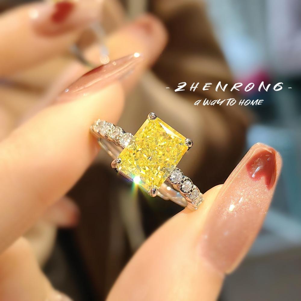 Elegant Ice Cut 3 Carat Yellow Open Ring Lab Created Diamond Square Shape Sparkling Womens Jewelry