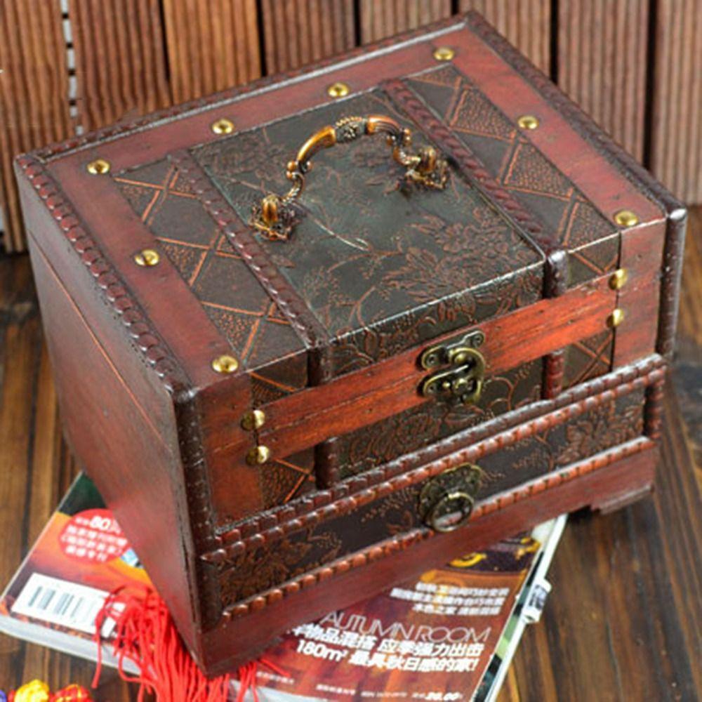 Intricate Carved Retro Distressed Storage Box Creative Dressing Box Wooden Treasure Box  Rings