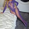 Women'S Sexy Fishnet Bodysuit Clubwear Long-Sleeved One-Piece Skin-Tight Openwork Cut-Out Mesh Catsuit Fishnet Jumpsuit Bodystoc