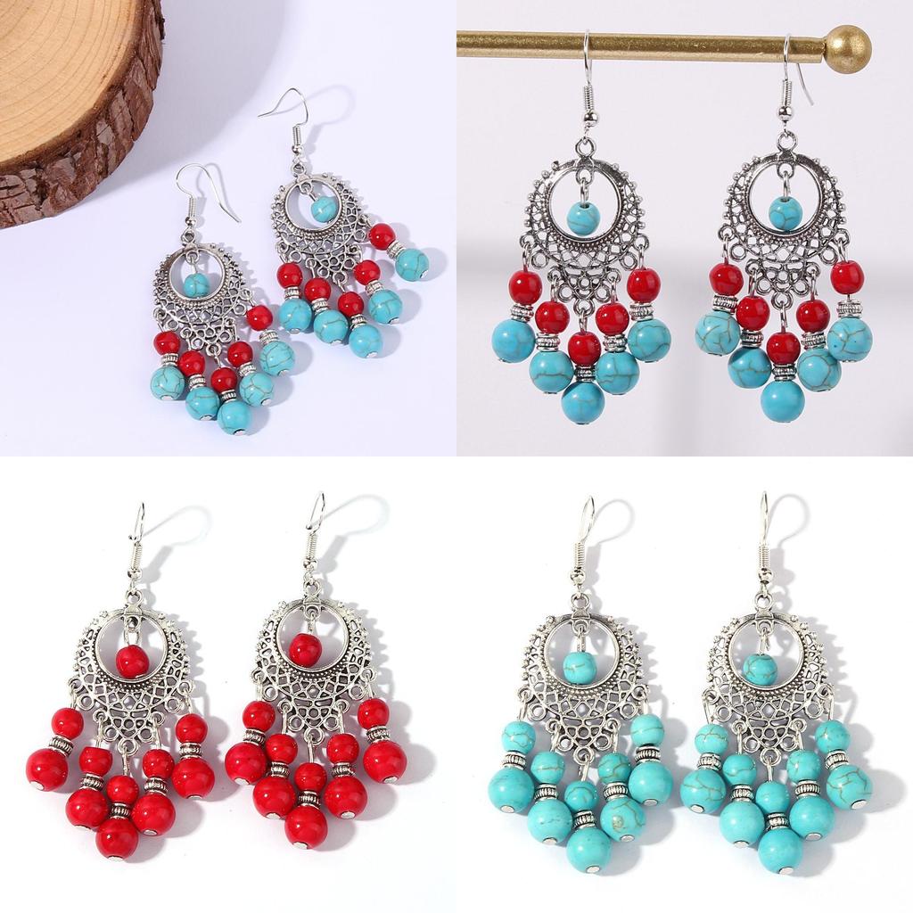 Turquoise Ethnic Simulation Beaded Earrings With Silver Filigree For Wear Daily